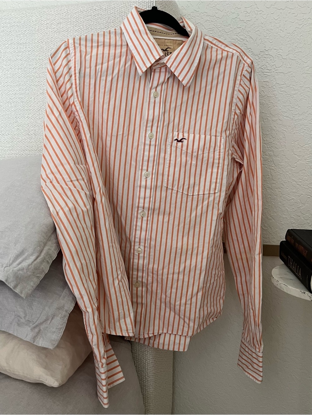 Hollister Men's Orange and White Striped Button-Down Shirt